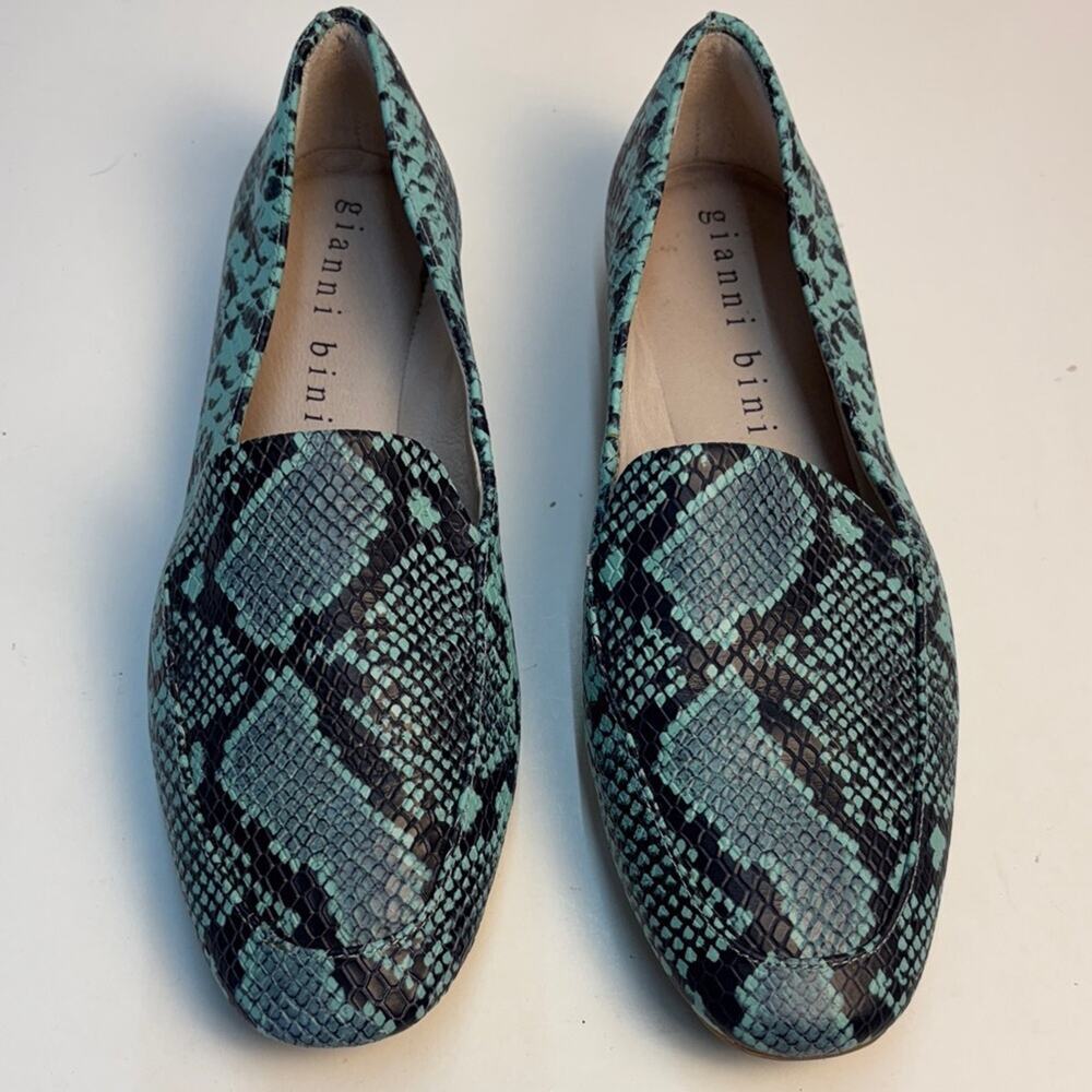 Gianni Bini Teal Blue Black Snake Print Leather Loafers Casual Flats - 8.5 M